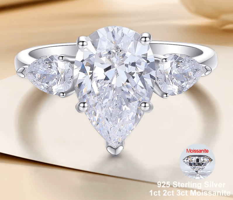 Moissanite Pear Cut Ring –D Color VVS1 1-3CT Stone, 925 Sterling Silver with 18K Gold Plating, Water Drop Eternity Design,  Certified Fine Jewelry