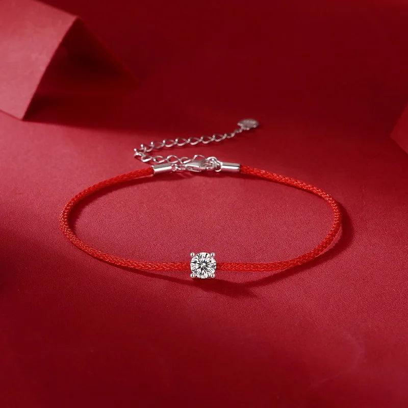 925 Sterling Silver 0.5ct D VVS Moissanite Red Rope Bracelet for Women – Elegant Fine Jewelry for Weddings, Engagements, Parties, and Christmas Gifts